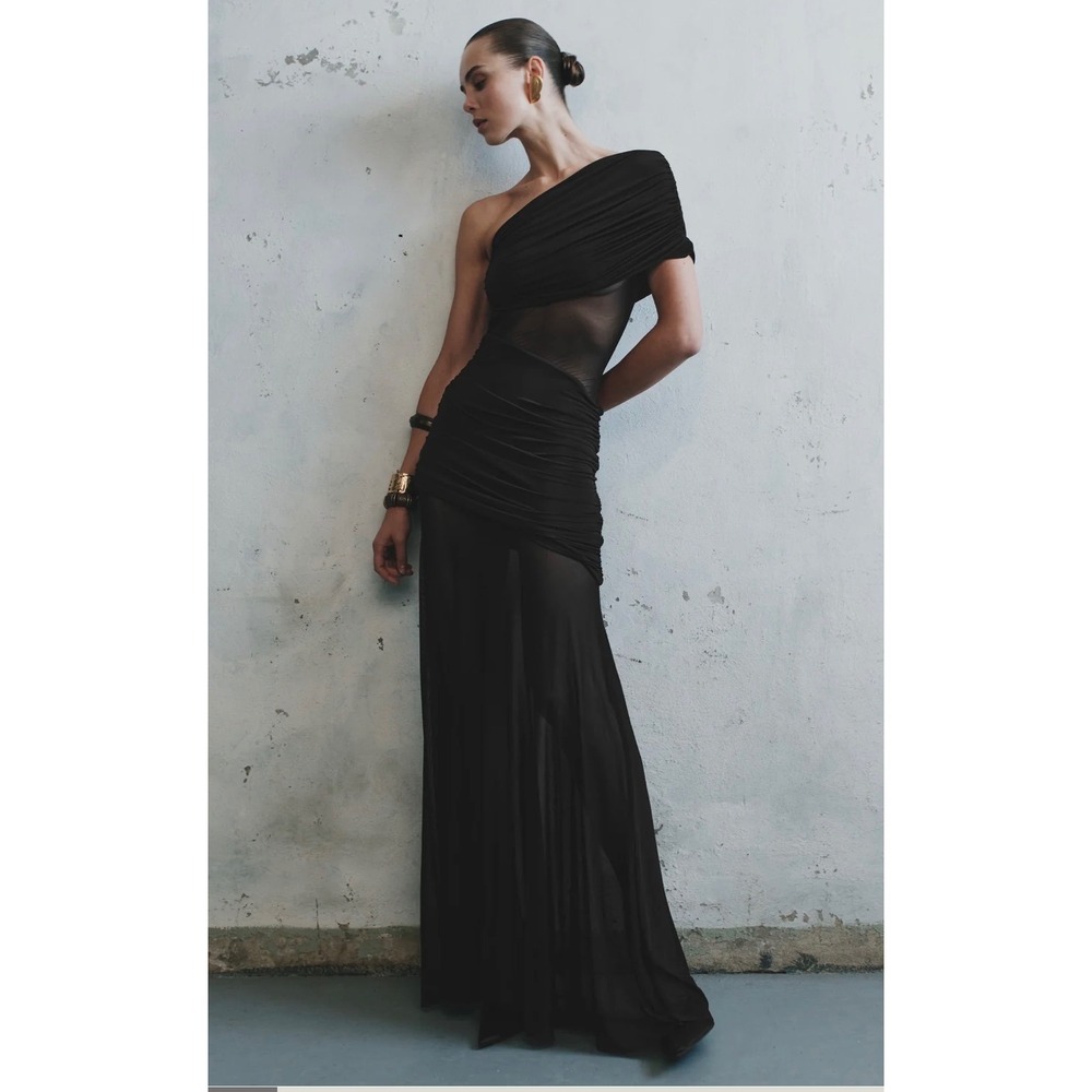 MISHI Dallas One Shoulder Mesh Maxi Dress Black Ruched Cutout XS DR09290KD1